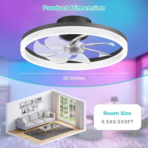 Franjulia 20-Inch RGB Low Profile Ceiling Fan with Lights & Remote - Black