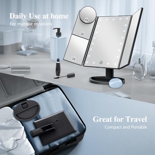HUONUL Lighted Trifold Makeup Mirror with 2X/3X/10X Magnification - Black
