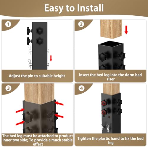 Black 3.15-Inch Diameter Metal Bed Riser Set - Adjustable Height for Dorm & Wooden Bed Frames