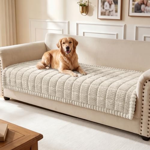 Pet-Friendly Couch Cover for Dogs - Non-Slip Fuzzy Sofa Protector, Washable, Beige, 35.4x95 Inches