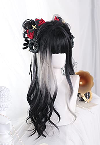 Osseoca Wavy Long Black & White Synthetic Hair Wig - Lolita Princess Style (Size 16)