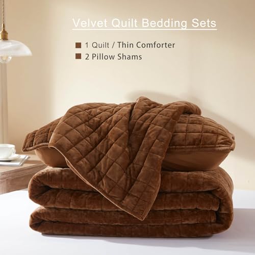 King Size Caramel Velvet Quilt Set with 2 Pillow Shams - All Season Bedding