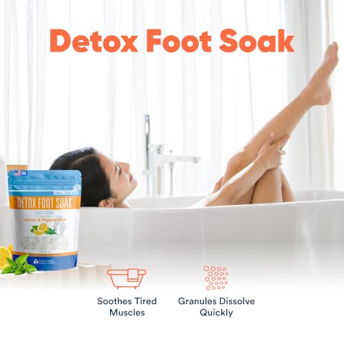 Detox Foot Soak Salts 32 Ounces with Lemon, Peppermint, Lavender Frankincense Essential Oils BPA Free Pouch with Easy Press-Lock Seal Soothe Athletes Foot, Soften Calluses, Relax Tired Feet