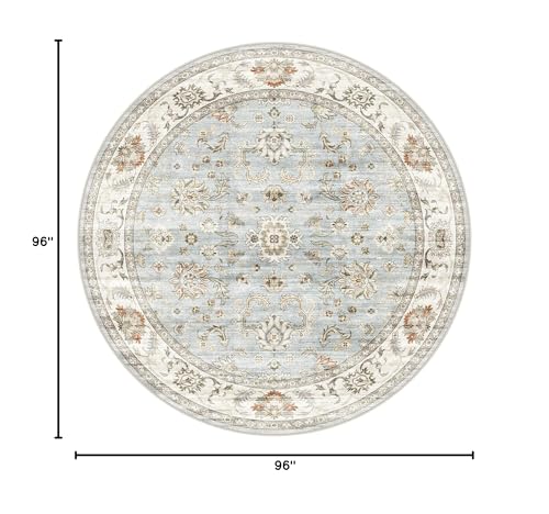 8ft Round Washable Area Rug - Non-Slip Boho Carpet with Vintage Floral Pattern - Dusty Blue-Gray/Skye/Cerulean Variation