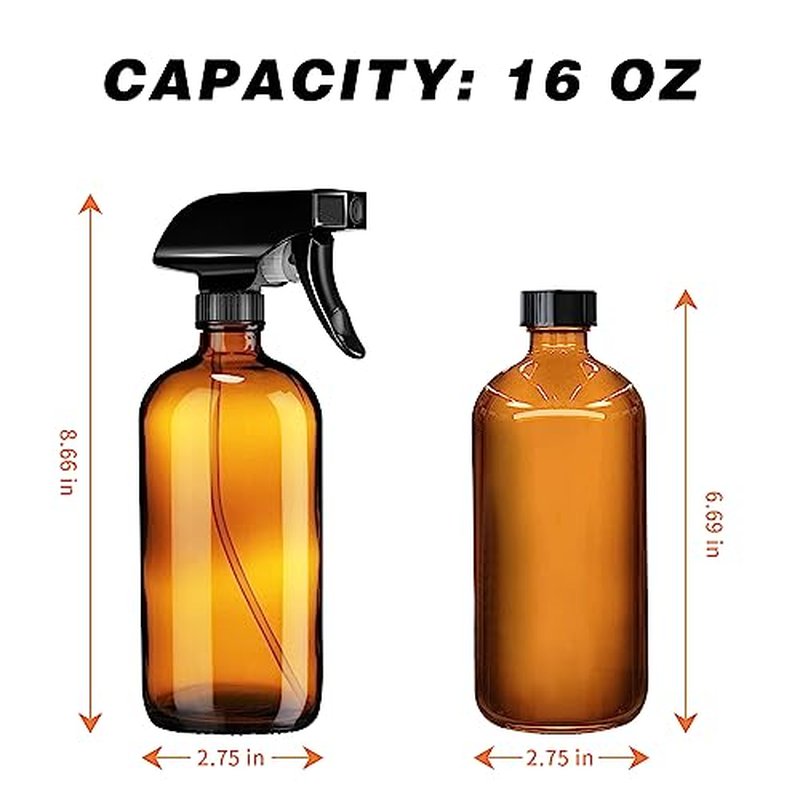 Glass Spray Bottle, 2 Pack 16oz Empty Sprayer with Funnel & Cap & Labels, Large Refillable Mist Bottles for Cleaning, Plant, Essential Oil, Facial Hydration, Water Flower & Hair, (Amber & Frosted)