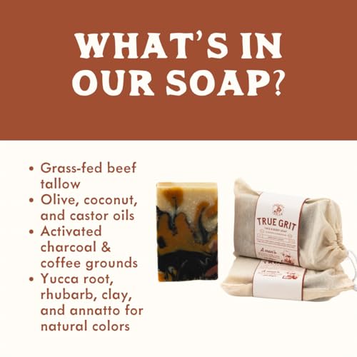 True Grit Tallow ? Beef Tallow Soap Bar 3-Pack ? John Wayne Inspired ? Cedar & Campfire Scent ? Cold Process Bar Soap with Activated Charcoal & Coffee Grounds ? 4 oz Each