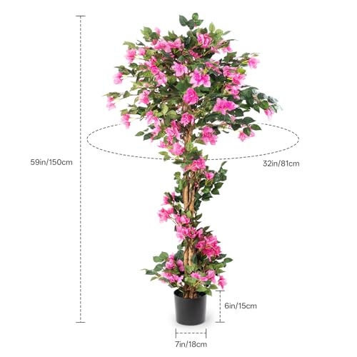 Rose Red Artificial Bougainvillea Tree - 4ft 11in Faux Tropical Plant with Pot for Indoor Outdoor Decor