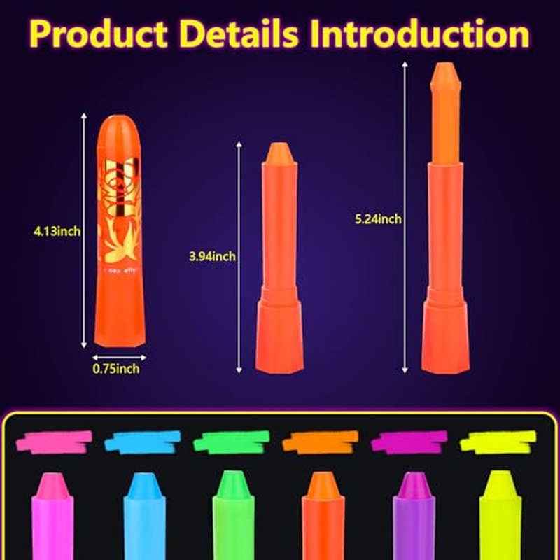 6PCS Glow in the Dark Body & Face Paint Sticks, Makeup Face Paint Kit for Kids and Adults Halloween Club, UV Black Light Birthday Party Masquerade Neon Glow Party Supplies