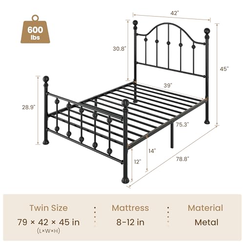 Twin Metal Bed Frame with Victorian Headboard & Footboard - Black, SHA CERLIN