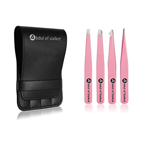 Eyebrow Tweezer Set for Women & Men - Professional Slant and Pointed Tweezer Set with Case - Precision Tweezer Kit for Facial Hair,Splinter and Ingrown Hair Removal (Pink 4 Piece)
