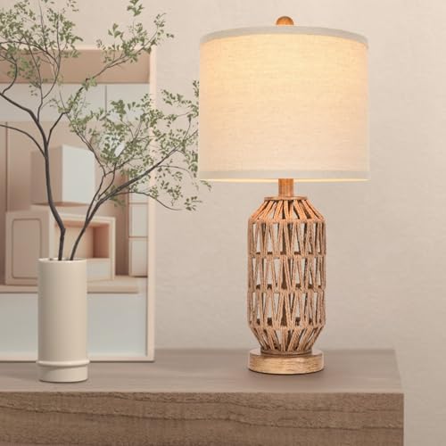 Set of 2 Rattan & Fabric Drum Shade Table Lamps - Boho Coastal Home Decor