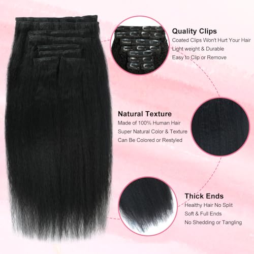 22 Inch Kinky Straight Clip-In Hair Extensions - Natural Black Brazilian Human Hair, Full Head 8pcs