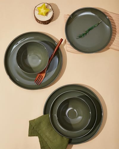 Pokini 12-Piece Stoneware Dinnerware Set for 4, Reactive Glaze, Blackish Green