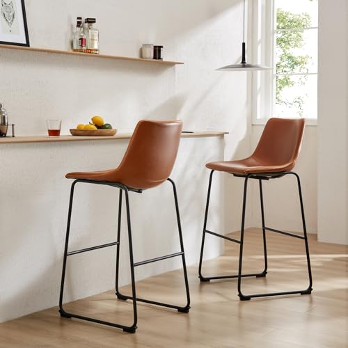 DUMOS Set of 2 Counter Height Bar Stools Brown Faux Leather Metal Legs