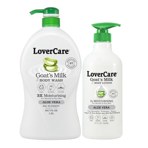 Lovercare Goat Milk Body Lotion for Dry Skin Aloe Vera 27.05oz (800ml) - Combo Body Lotion & Body Wash¡¦