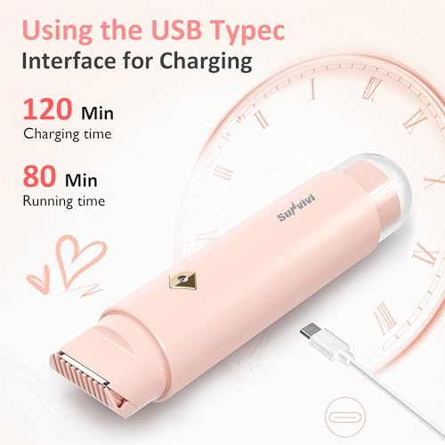 SUNVIVI Bikini Trimmer for Women: IPX6 Waterproof Dual Head Pubic Razor, Painless Face Shaver Body Trimmer, Portable Hair Removal Kit for Bikini Underarm Leg Arm Body Face, Pink