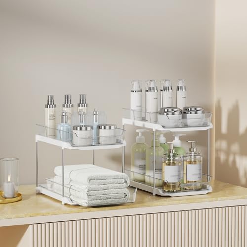 White 4 Pack 2-Tier Under Sink & Bathroom Organizer Set - Stackable Multi-Purpose Storage