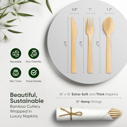 100 Pack EcoPreps Biodegradable Bamboo Cutlery & Napkin Set - Disposable Party Tableware