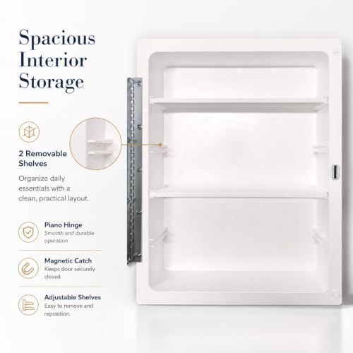 White Recessed Medicine Cabinet - 16 x 22 Inch Wall Mount Bathroom Storage with Adjustable Shelves