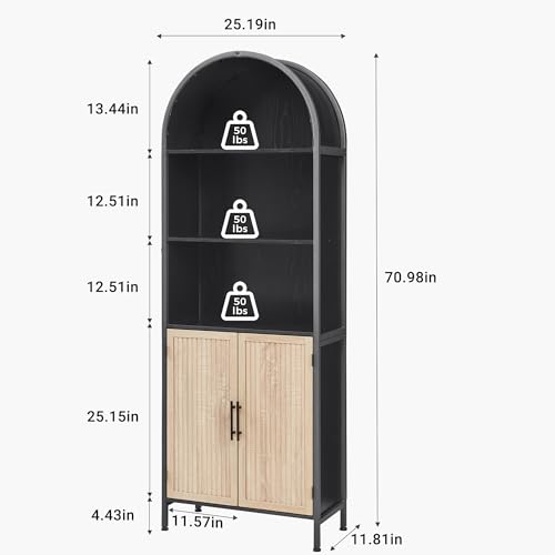 VIPLUMI Arched Bookcase with Doors, 5-Tier Tall Oak & Black, Without Glass Door