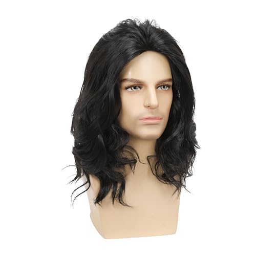 Men's Black Long Curly Synthetic Wig for Costume & Party
