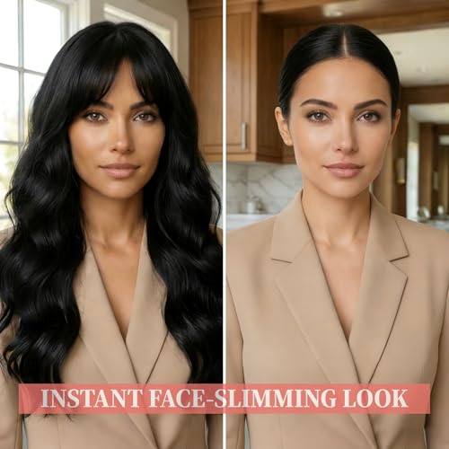 Black Body Wave Wig for Women - 26 Inch Long Synthetic Wig with Bangs - Natural Look - Variation: Black