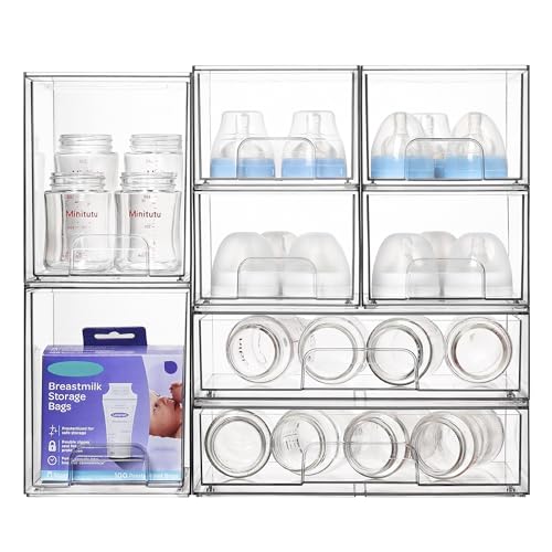 Stackable Storage Drawers Set of 8 - Clear Plastic Organizer Bins with Handles & Non-Slip Feet - Includes 4 Small, 2 High, 2 Wide