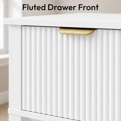 White Fluted Front Nightstand - Small 15" Wide Bedroom Side Table with Drawer & Shelf - Modern Compact Storage - Variation of THIS listing: White / Fluted / 1
