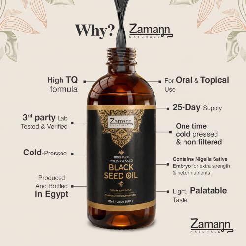 Zamann Naturals Black Seed Oil - 100% Pure Cold Pressed Nigella Sativa - 4.2oz for Immune, Skin, Hair & Joint Support