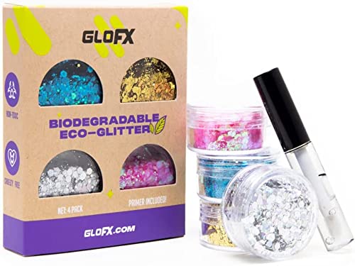 GloFX Biodegradable Multicolor Face & Body Glitter 4 Pack for Festivals & Cosplay