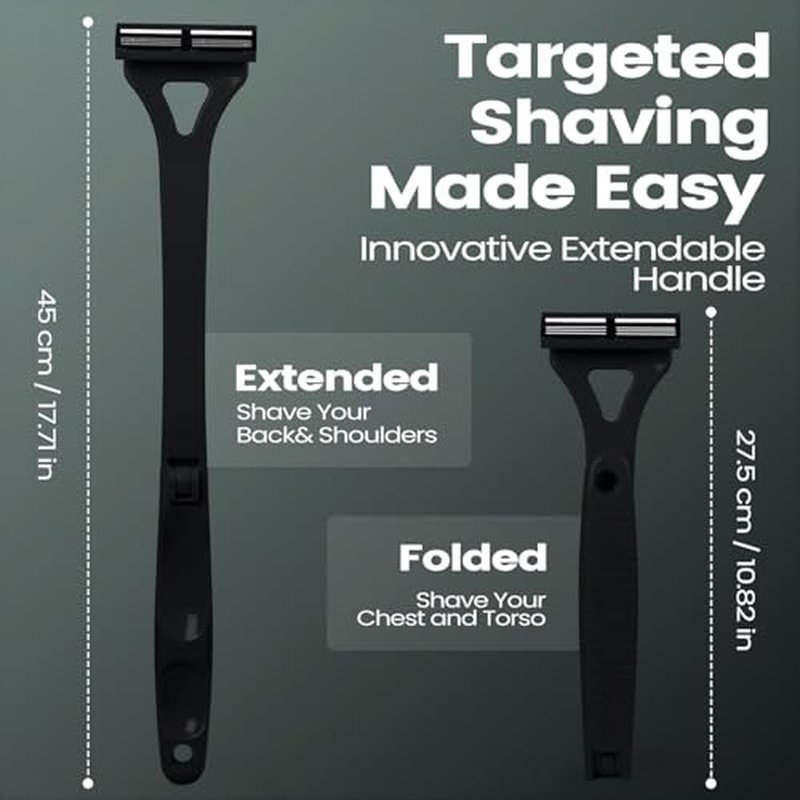 Back Shavers for Men with Foldable Long Ergonomic Handle: DIY Hair Shaver, Replaceable Safety Blade & Portable Razor Groomer for Men, Wet & Dry Shaving,Black (8PCS Blades Included)