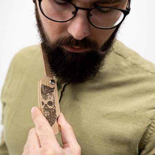 Wooden Beard Comb for Men - Folding Walnut Grooming Tool, Mustache & Hair Brush