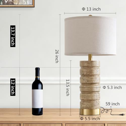 Travertine Resin Table Lamps Set of 2 - Warm Beige with Brass Bases