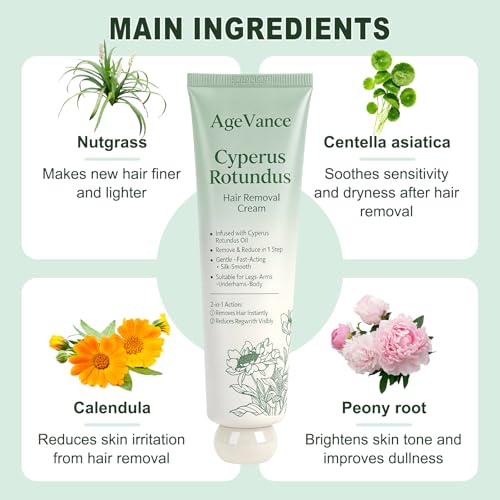 AgeVance Cyperus Rotundus Hair Removal Cream Pack of 3 - Gentle & Effective for Arms, Legs & Underarms, 3.52 Oz Each