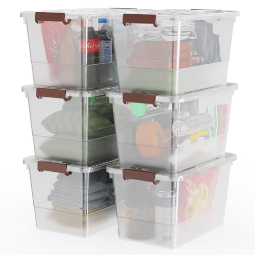 32 Qt Plastic Storage Bin with Lids & Buckles - 6 Pack, Stackable & Clear