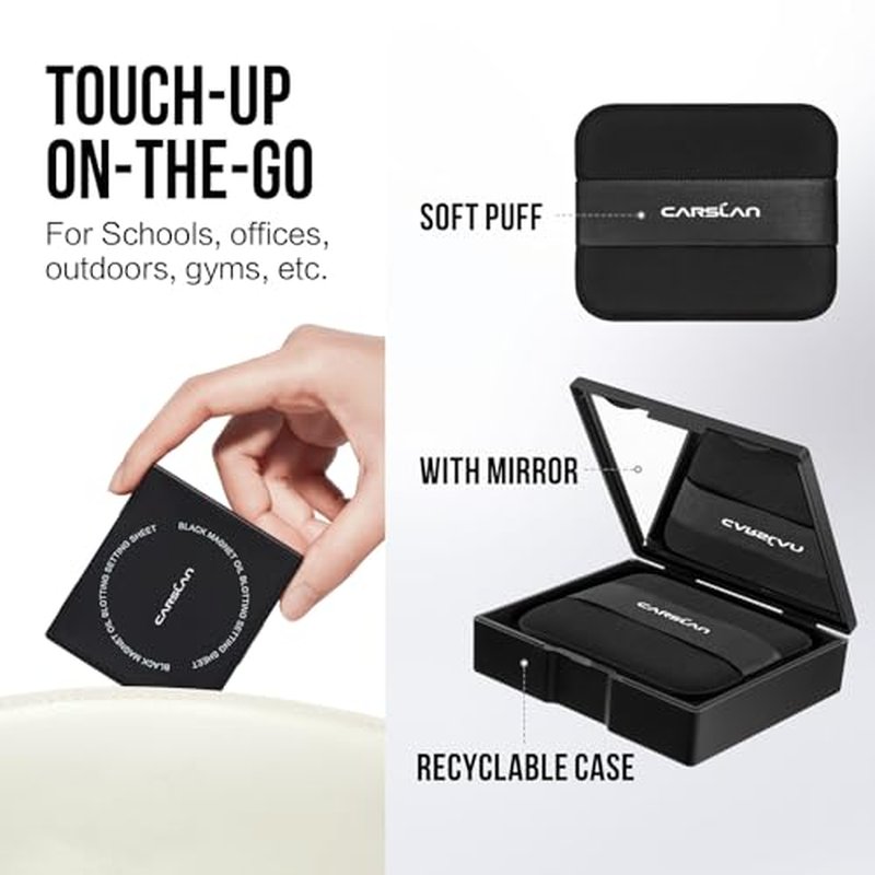CARSLAN Makeup Blotting Paper with Powder, Black Magnet Blotting Sheet for Oily & Combination Skin, Portable Compact with Puff & Mirror, Keeps Makeup Fresh All Day, 450 Sheets + 8 Refill Adhesive Pads