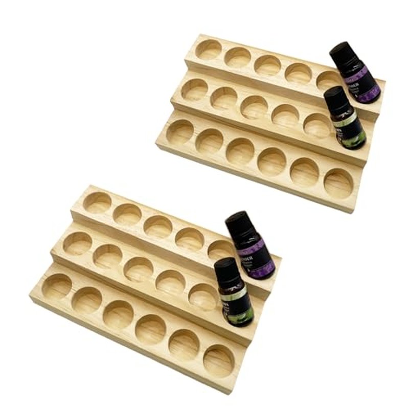 2 Pack Solid Wood Essential Oil Organizer 3-Tier Display Stand Holder Essential Oils Racks Tabletop Storage Rack for 5-20ml Bottles Perfumes and Nail Polish Compact Shelf