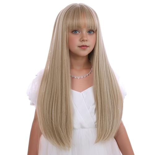 Kids Long Ash Blonde Straight Wig - 21-Inch Costume Hair with Adjustable Cap