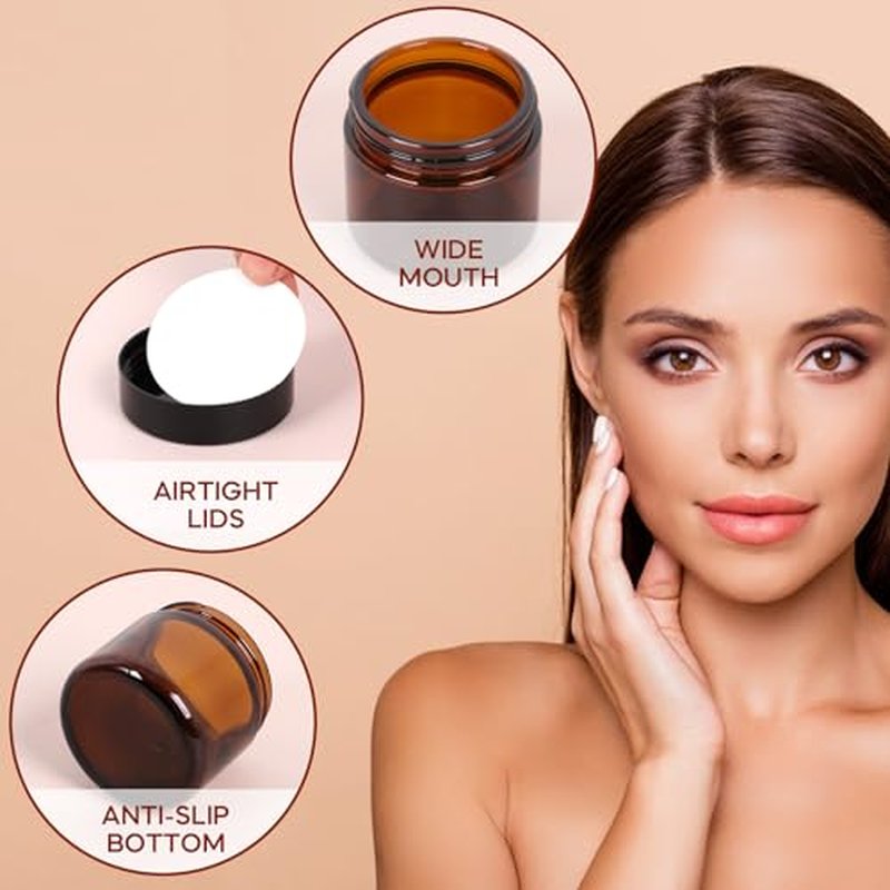 2 oz Amber Glass Jars with Lids 24Pack, Small Jars with Inner Liners for Sample, Powder, Cream, Lotion and Ointments with Stickers & Spatulas Included