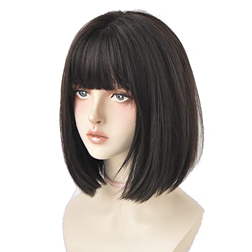 12 Inch Black Short Bob Wig with Bangs - Straight Synthetic Hair for Women