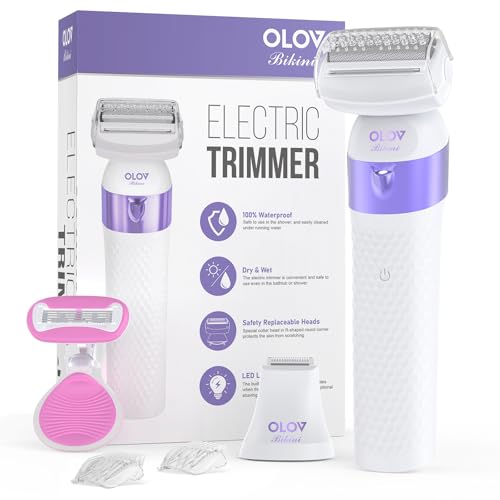 Bikini Trimmer for Women, IPX7 Waterproof Wet & Dry Electric Razors for Women, Bikini Legs Underarm Pubic Hairs Rechargeable Electric Shaver with 2 Trimmer Heads and Travel Razors