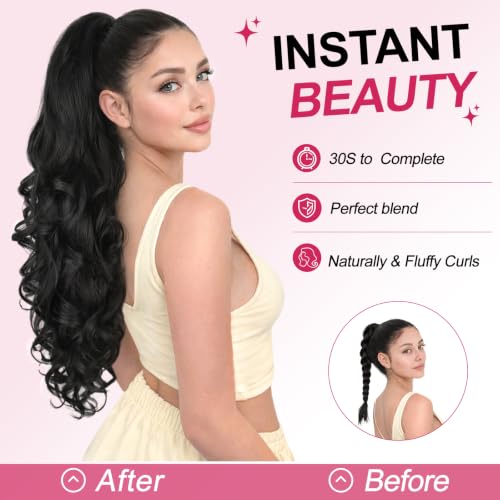 ALXNAN 24 Inch Curly Wavy Ponytail Extension Black | Clip-In Hair Extension