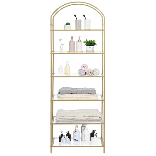 Tall Gold Bookshelf with Glass Shelves - 6 Tiers, Arched Design, 73.6"H