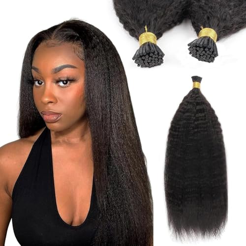 16 Inch Curly I Tip Human Hair Extensions - Pre Bonded Micro Beads, 50g, Kinky Straight Remy Hair for Women - Variation #1B-KS