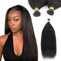 16 Inch Curly I Tip Human Hair Extensions - Pre Bonded Micro Beads, 50g, Kinky Straight Remy Hair for Women - Variation #1B-KS