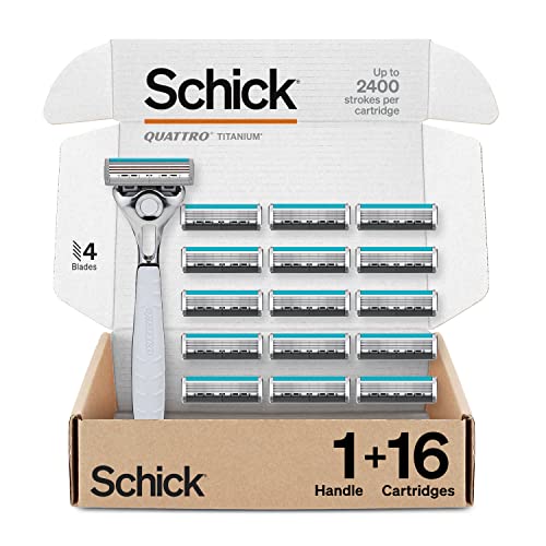 Schick Quattro Titanium 4-Blade Razor for Men – 1 Handle + 16 Refills (Multicolor/17 Count Pack)