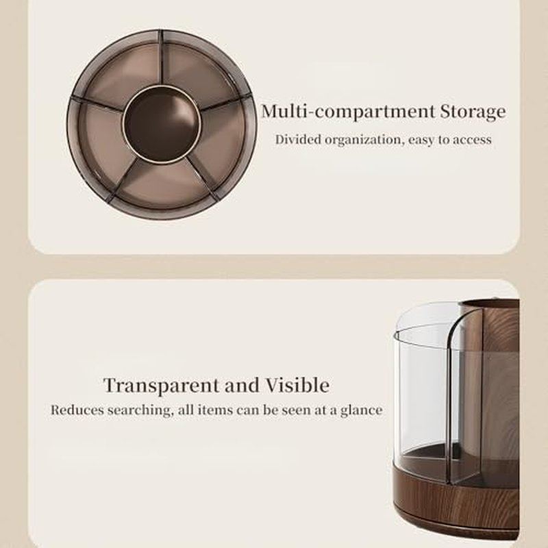 Makeup Brush Holder 360¡Æ Rotating 6 Slot Multi-Compartment Storage, Acrylic Spinning Organizer for Cosmetics Nail Polish Combs, Bathroom Vanity Desktop Organizer (Dark Woodgrain)