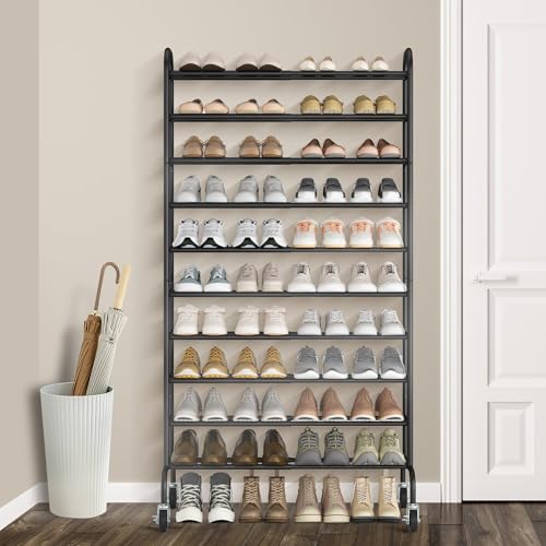 Expandable 10-Tier Shoe Rack - Tall Shoe Organizer for 44 Pairs - Black