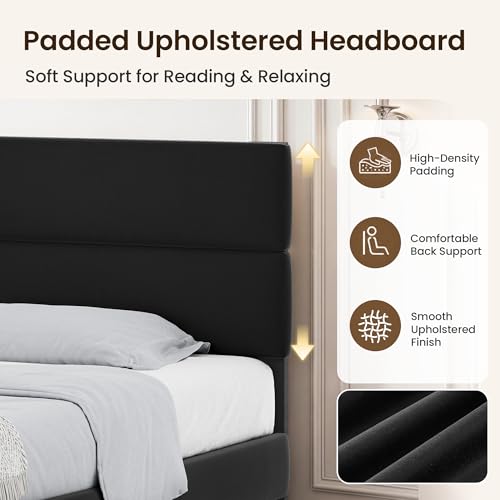 Twin Size Upholstered Platform Bed Frame with Velvet Headboard, Adjustable Height, Black