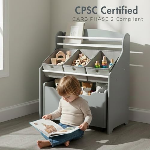Humble Crew 3-in-1 Kids Bookshelf & Toy Organizer - Grey | Rolling Toy Storage for Toddlers